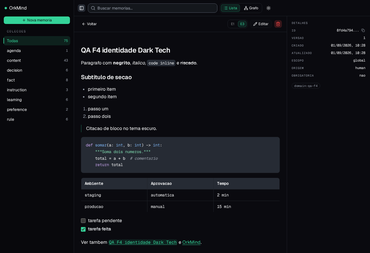 OrkMind Web em tema escuro: detalhe de uma memória com markdown estruturado, código e metadados