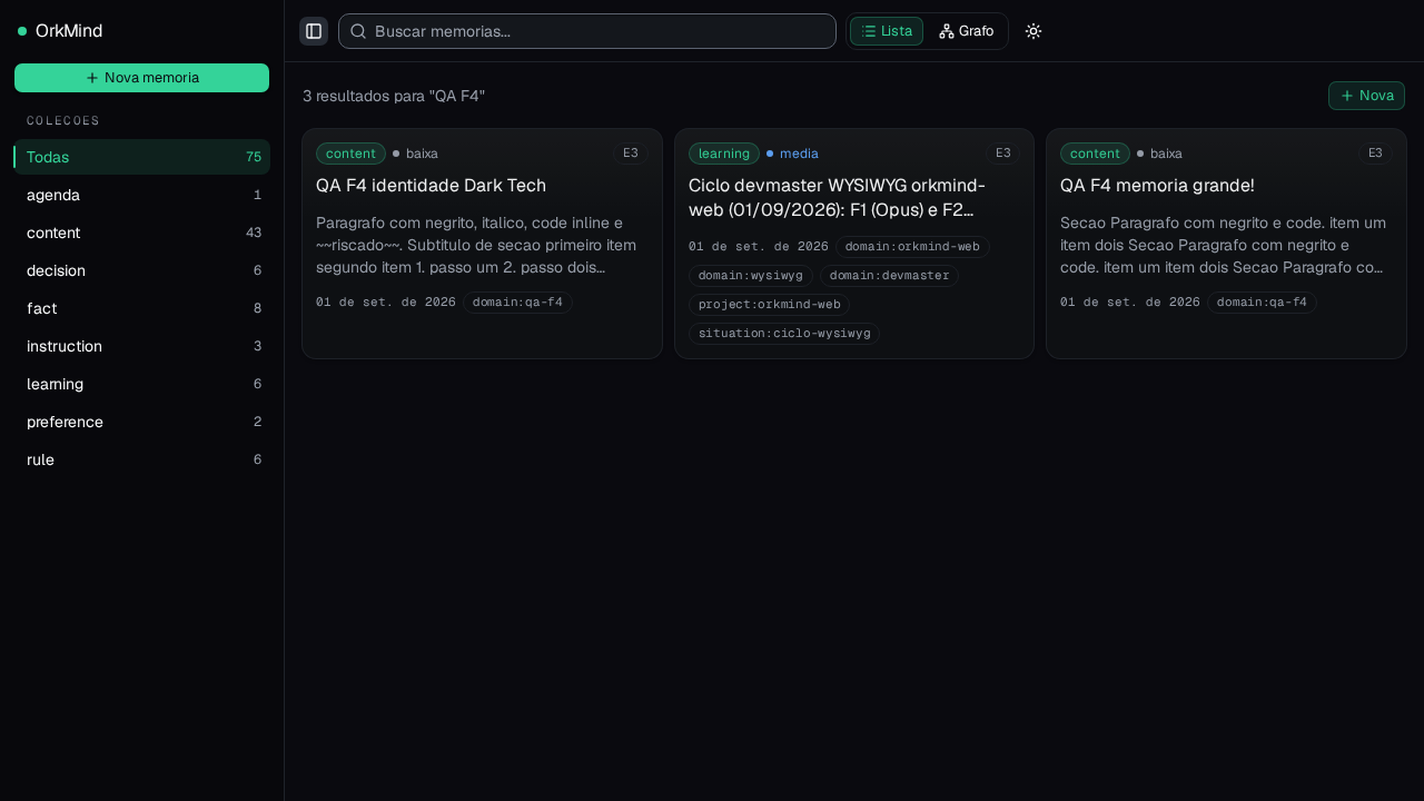 OrkMind Web em tema escuro: lista de memórias com coleções, camadas E3 e tags de domínio